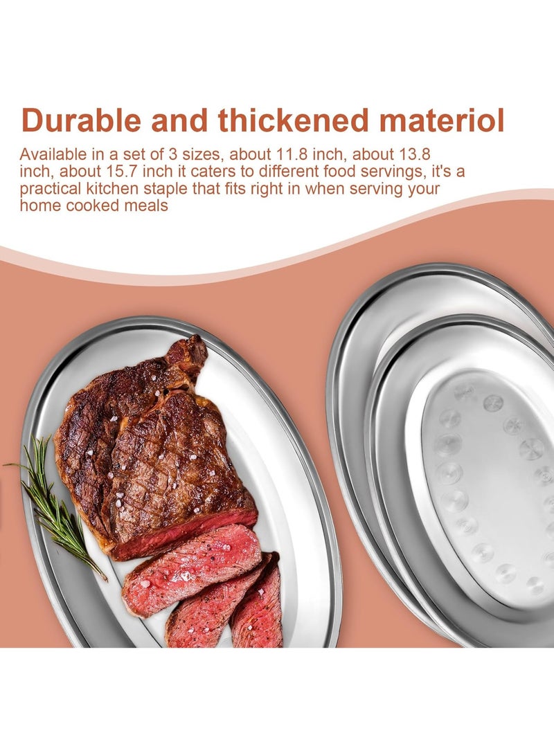 Arabest 3 Pcs Stainless Steel Serving Tray Large Oval Platter Set,Oval Serving Set Heavy Duty Metal Serving Tray Large Mirror Polish Sizzle Plate, - Image 4